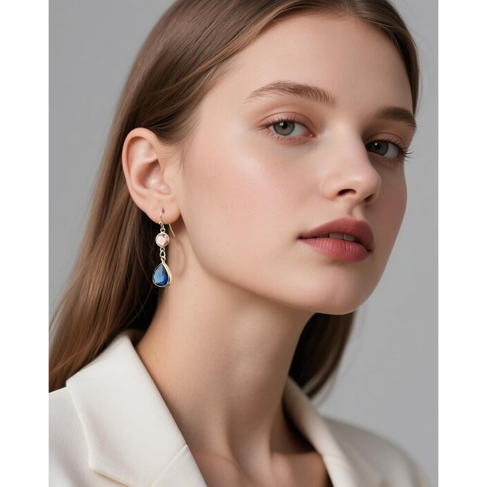Sapphire Blue Dangle Earrings Blue Topaz Gold Handmade Aquamarine Drop Earrings - Picture 2 of 7